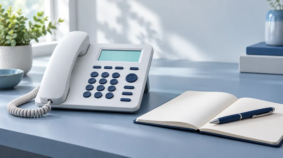 Illustrative business telephone with a notebook for call details
