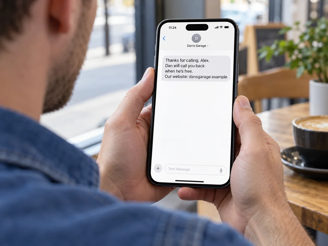 Illustrative customer reading a thank-you text from Dan’s Garage with the garage website and callback reassurance