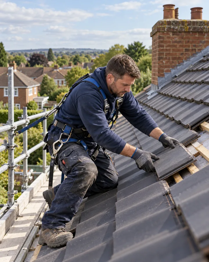 Illustrative roofer fitting tiles with safety equipment on a British house