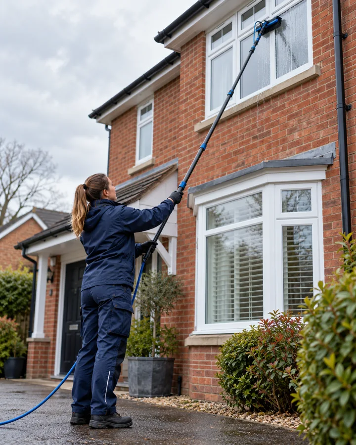 Illustrative window cleaner using a water-fed pole from the ground